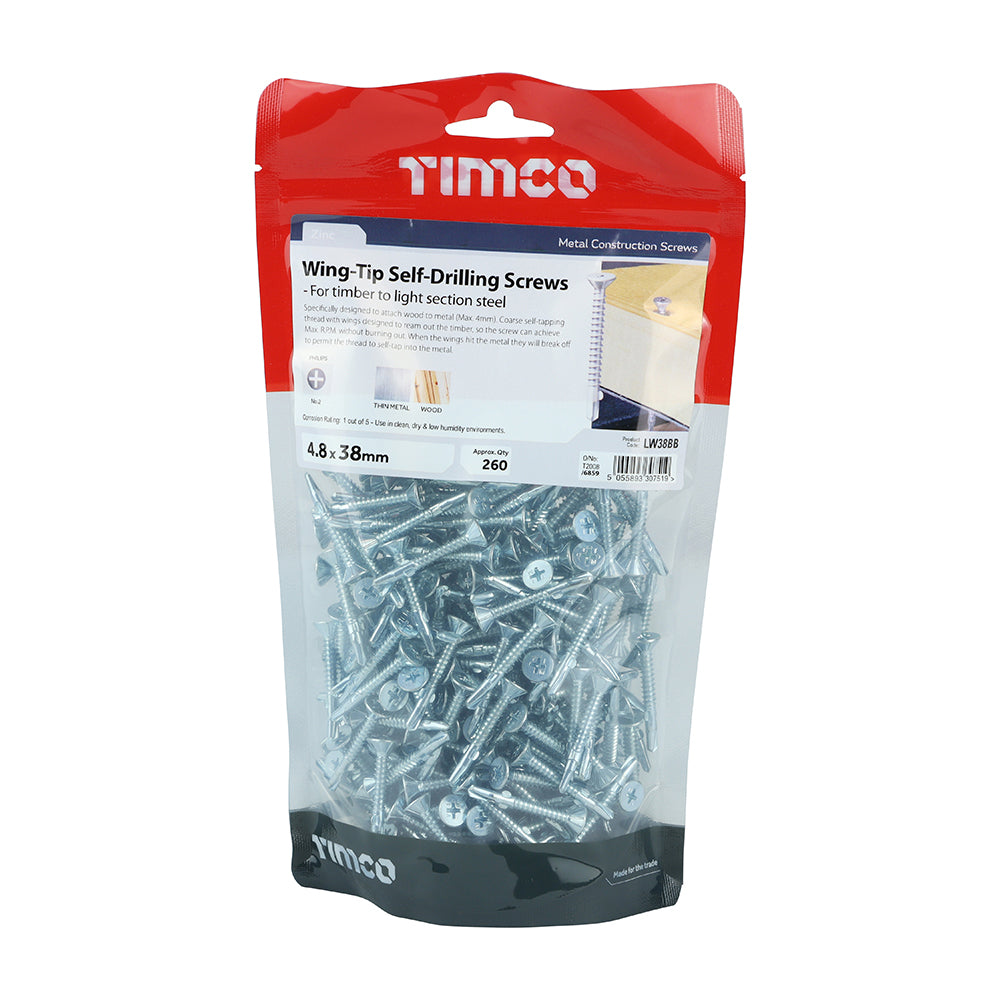 This is an image of Timco - Metal Construction Timber to Light Section Screws - Countersunk - Wing-Tip - Self-Drilling - Zinc 4.8 x 38mm - (260 PCS TIMbag) LW38BB