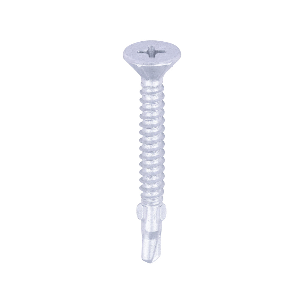 This is an image of Timco - Metal Construction Timber to Light Section Screws - Countersunk - Wing-Tip - Self-Drilling - Exterior - Silver Organic 4.2 x 38mm - (200 PCS Box) LW4238S