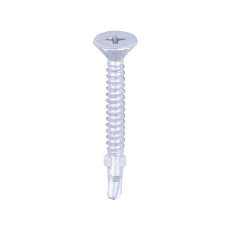 This is an image of Timco - Metal Construction Timber to Light Section Screws - Countersunk - Wing-Tip - Self-Drilling - Exterior - Silver Organic 4.2 x 38mm - (200 PCS Box) LW4238S