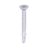 This is an image of Timco - Metal Construction Timber to Light Section Screws - Countersunk - Wing-Tip - Self-Drilling - Exterior - Silver Organic 5.5 x 50mm - (200 PCS Box) LW50S
