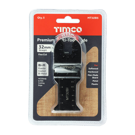 This is an image of Timco - Premium Multi-Tool Blades - Straight - For Wood/Metal - 5pcs 32mm (5 Pieces Blister Pack) MT32BI5