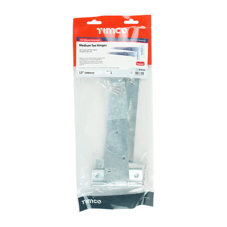 This is an image of Timco - Pair of Medium Tee Hinges - Hot Dipped Galvanised 12" (1 Pairs TIMbag) MTH12G