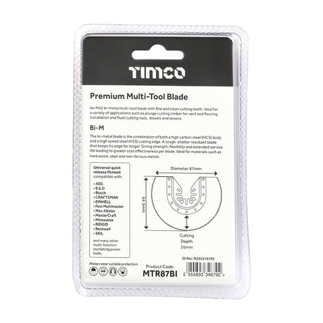 This is an image of Timco - Premium Multi-Tool Blade - Radial - For Wood / Metal Dia. 87mm (1 Each Blister Pack) MTR87BI