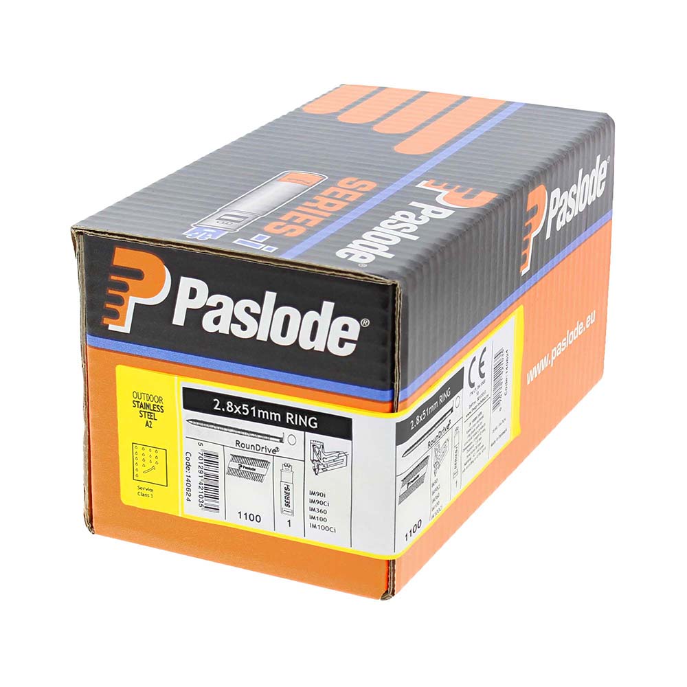 This is an image of Paslode IM360Ci Nails & Fuel Cells Retail Pack - Ring Shank - Stainless Steel - 140624 2.8 x 51mm/1CFC (1100 PCS Box) PAS140624