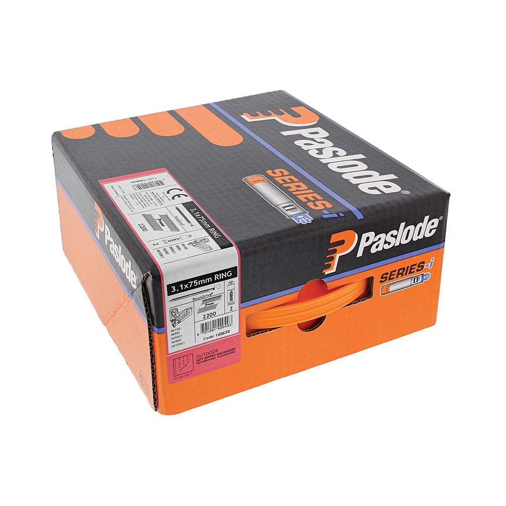 This is an image of Paslode IM360Ci Nails & Fuel Cells Trade Pack - Ring Shank - Hot Dipped Galvanised - 140630 3.1 x 75mm/2CFC (2200 PCS Box) PAS140630