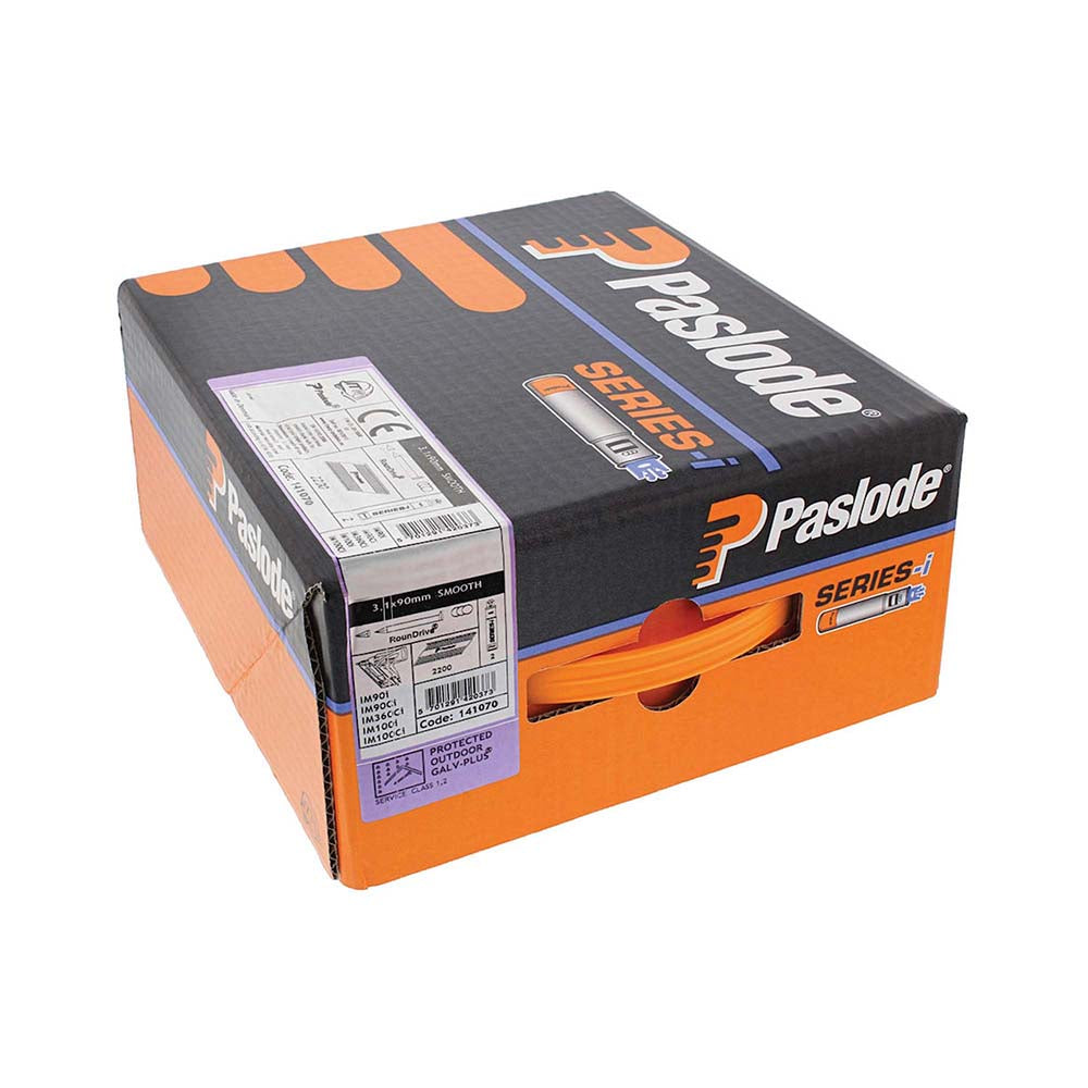 This is an image of Paslode IM360Ci Nails & Fuel Cells Trade Pack - Plain Shank - Galvanised + - 141070 3.1 x 90mm/2CFC (2200 PCS Box) PAS141070