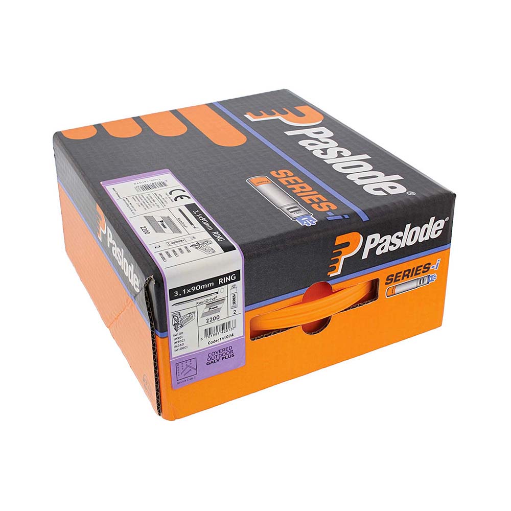 This is an image of Paslode IM360Ci Nails & Fuel Cells Trade Pack - Ring Shank - Galvanised + - 141074 3.1 x 90mm/2CFC (2200 PCS Box) PAS141074