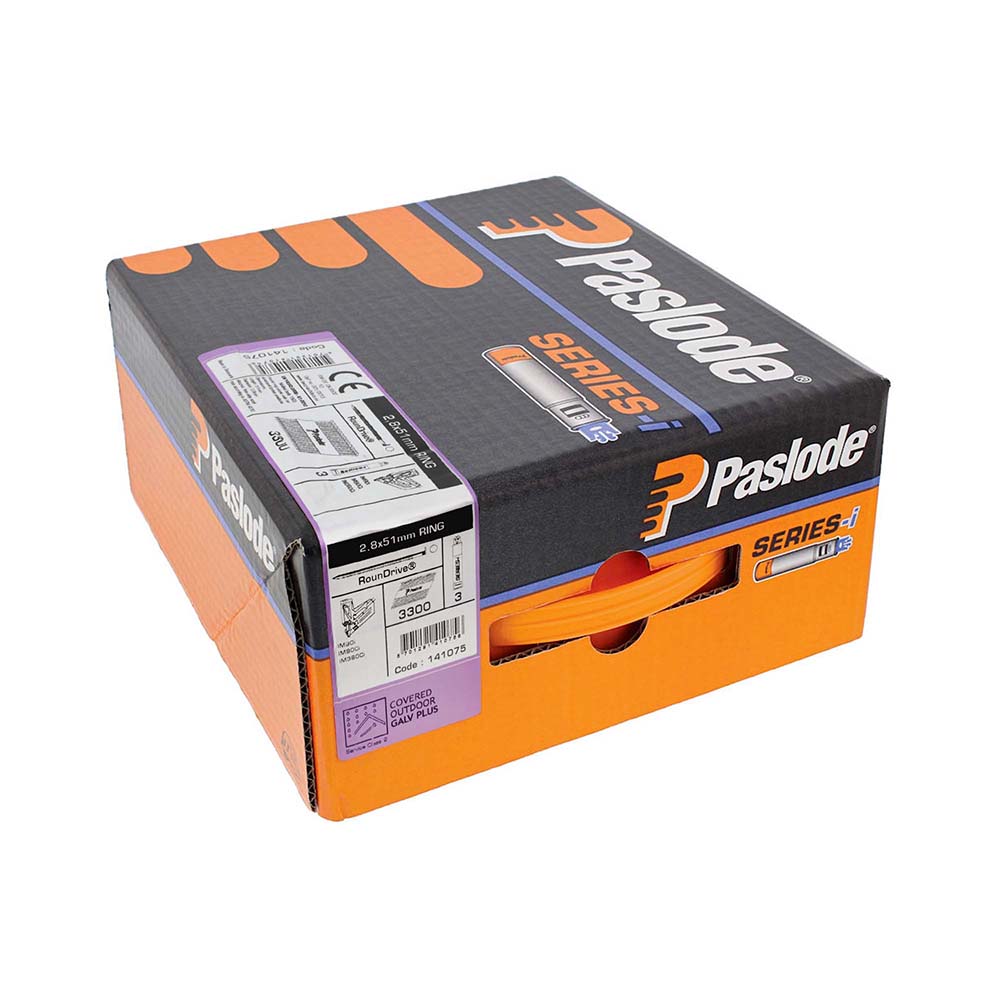 This is an image of Paslode IM360Ci Nails & Fuel Cells Trade Pack - Ring Shank - Galvanised + - 141075 2.8 x 51mm/3CFC (3300 PCS Box) PAS141075