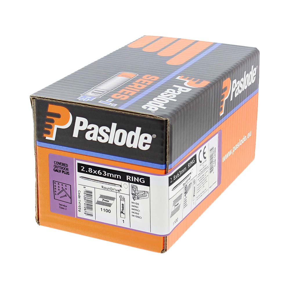 This is an image of Paslode IM360Ci Nails & Fuel Cells Retail Pack - Ring Shank - Galvanised + - 141079 2.8 x 63mm/1CFC (1100 PCS Box) PAS141079