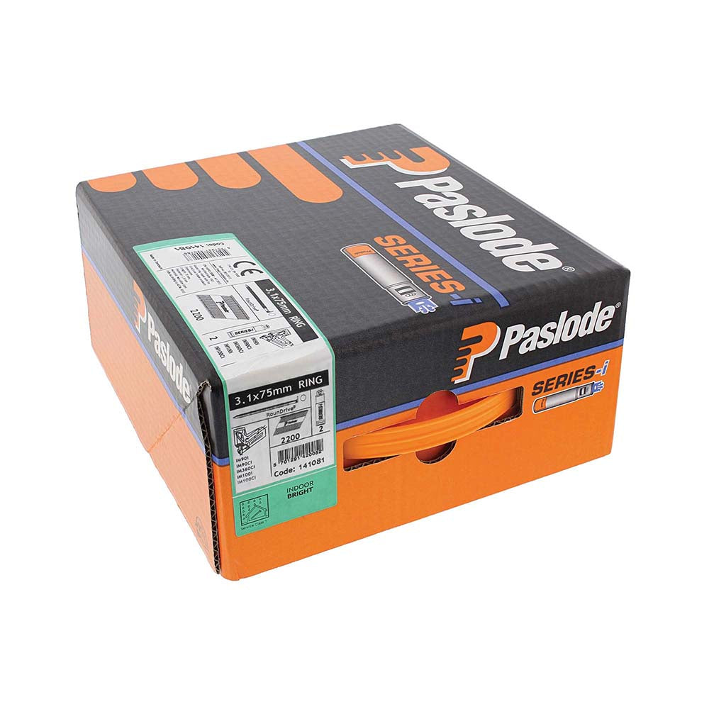 This is an image of Paslode IM360Ci Nails & Fuel Cells Trade Pack - Ring Shank - Bright - 141081 3.1 x 75mm/2CFC (2200 PCS Box) PAS141081