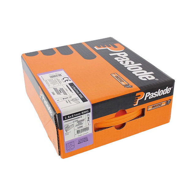 This is an image of Paslode IM350+ Nails & Fuel Cells Trade Pack - Ring Shank - Galvanised + - 141204 2.8 x 51mm/3CFC (3300 PCS Box) PAS141204