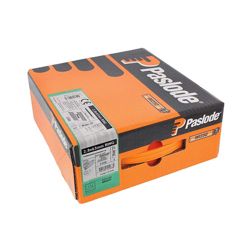 This is an image of Paslode IM350+ Nails & Fuel Cells Trade Pack - Ring Shank - Bright - 141208 2.8 x 63mm/3CFC (3300 PCS Box) PAS141208