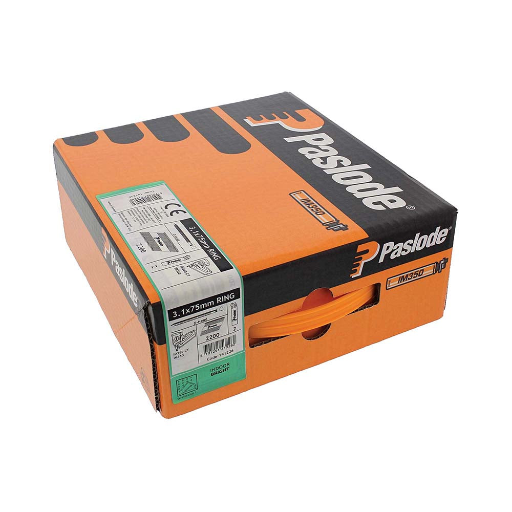 This is an image of Paslode IM350+ Nails & Fuel Cells Trade Pack - Ring Shank - Bright - 141226 3.1 x 75mm/2CFC (2200 PCS Box) PAS141226