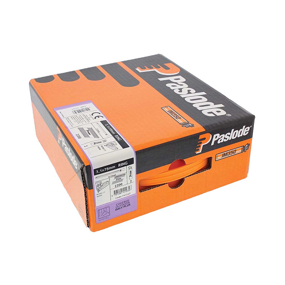 This is an image of Paslode IM350+ Nails & Fuel Cells Trade Pack - Ring Shank - Galvanised + - 141227 3.1 x 75mm/2CFC (2200 PCS Box) PAS141227