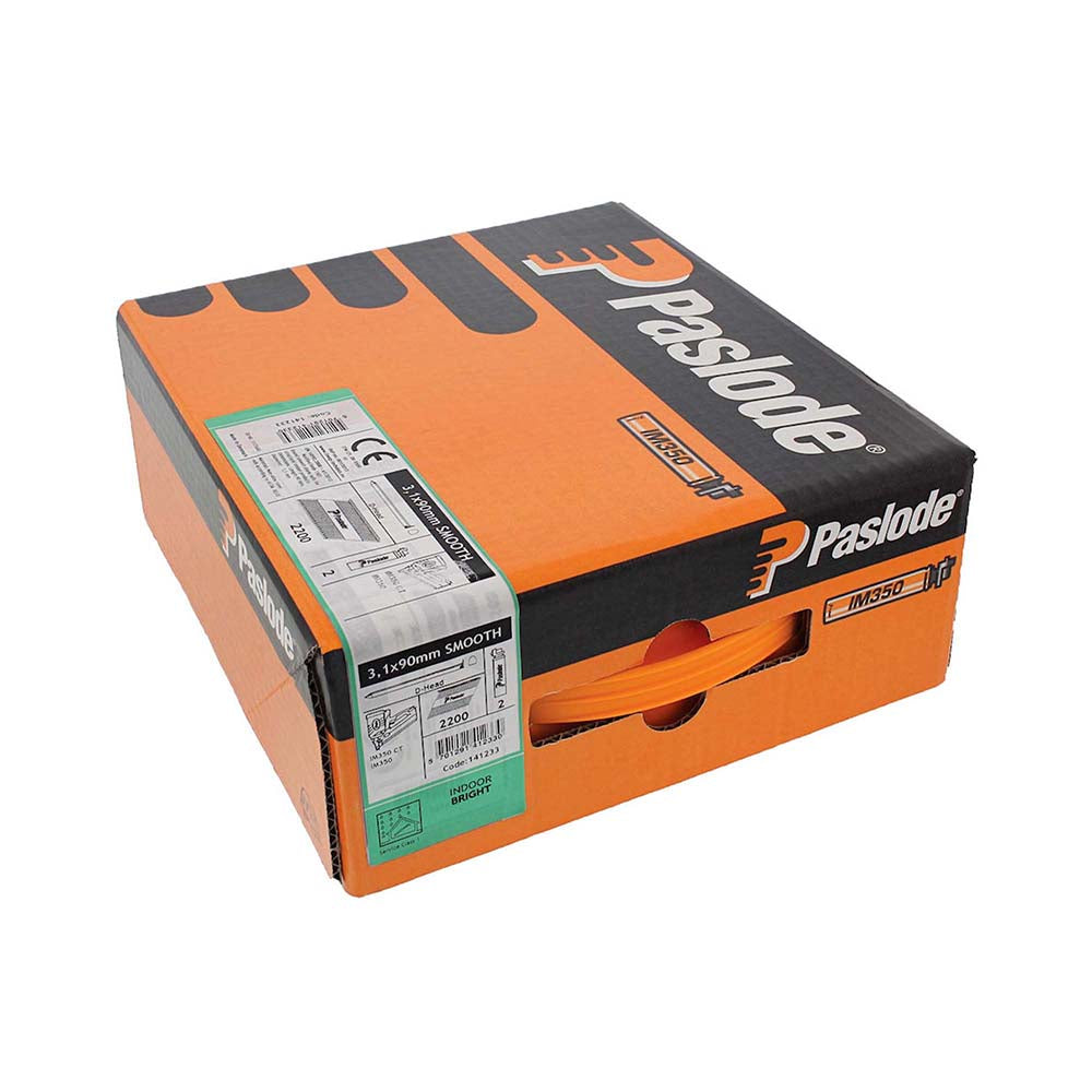 This is an image of Paslode IM350+ Nails & Fuel Cells Trade Pack - Plain Shank - Bright - 141233 3.1 x 90mm/2CFC (2200 PCS Box) PAS141233