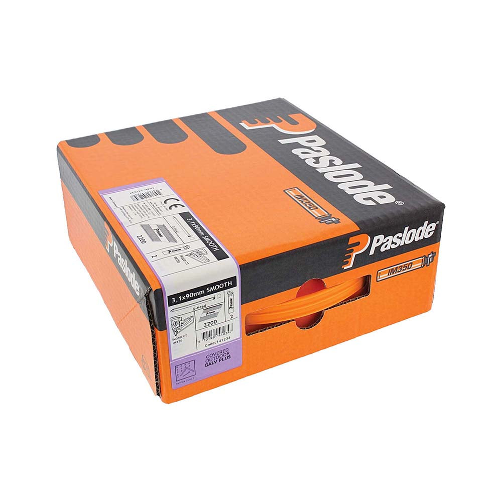 This is an image of Paslode IM350+ Nails & Fuel Cells Trade Pack - Plain Shank - Galvanised + - 141234 3.1 x 90mm/2CFC (2200 PCS Box) PAS141234