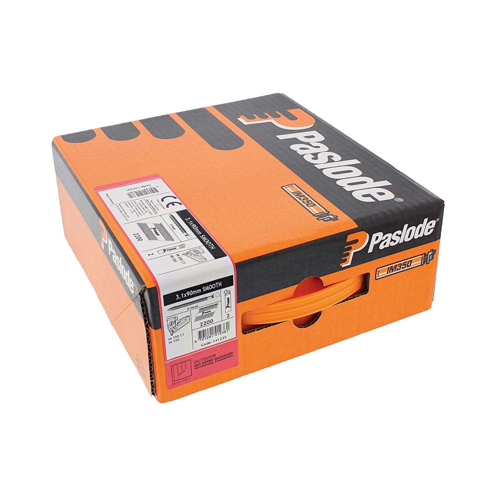 This is an image of Paslode IM350+ Nails & Fuel Cells Trade Pack - Plain Shank - Hot Dipped Galvanised - 141235 3.1 x 90mm/2CFC (2200 PCS Box) PAS141235