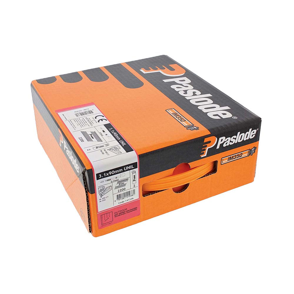 This is an image of Paslode IM350+ Nails & Fuel Cells Trade Pack - Unilock Shank - Hot Dipped Galvanised - 141236 3.1 x 90mm/2CFC (2200 PCS Box) PAS141236