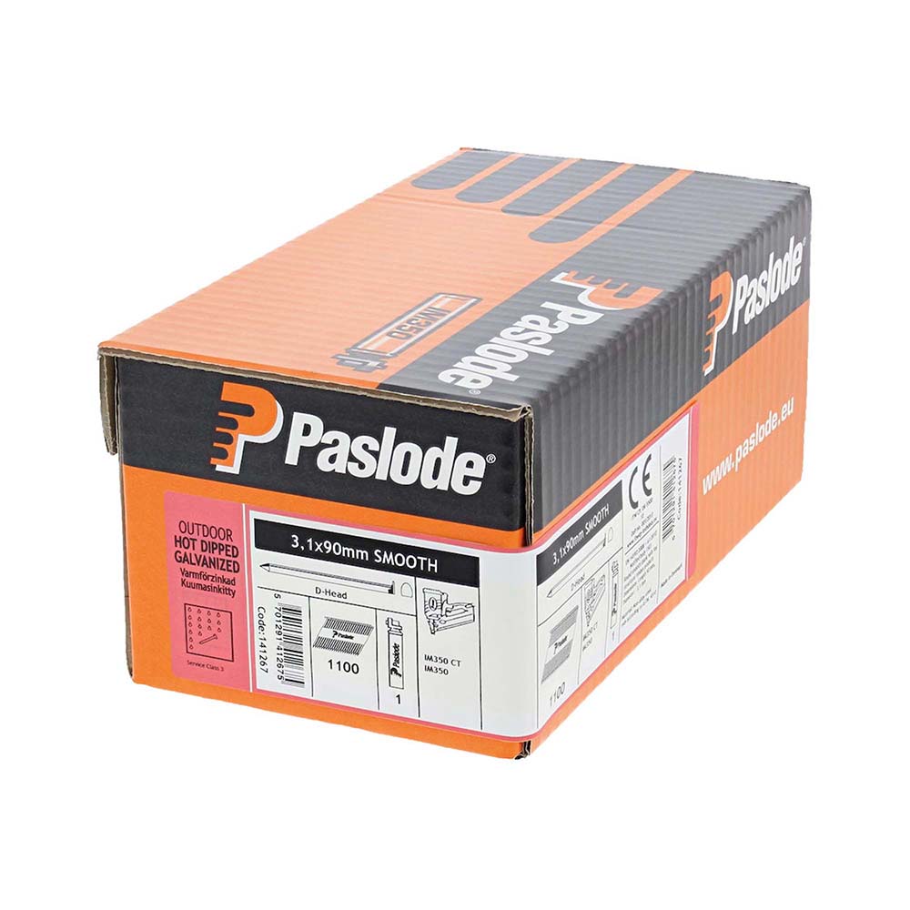 This is an image of Paslode IM350+ Nails & Fuel Cells Retail Pack - Plain Shank - Hot Dipped Galvanised - 141267 3.1 x 90mm/1CFC (1100 PCS Box) PAS141267