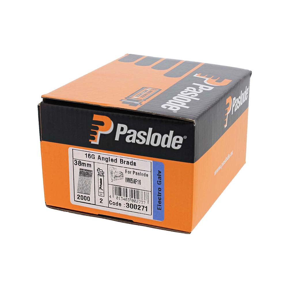 This is an image of Paslode IM65A Brads & Fuel Cells Pack - Angled - Electro Galvanised - 300271 16g x 38mm/2BFC (2000 PCS Box) PAS300271