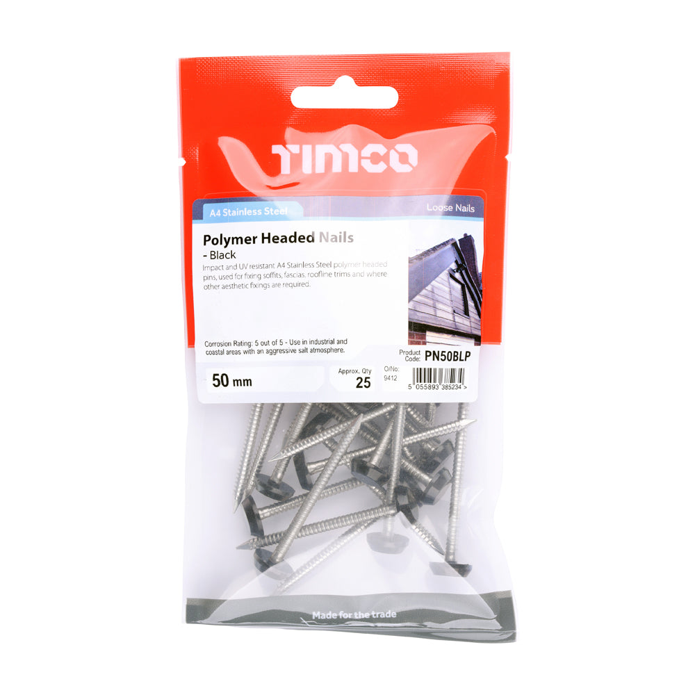 This is an image of Timco - Polymer Headed Pins - Stainless Steel - Black 50mm (25 PCS TIMpac) PN50BLP