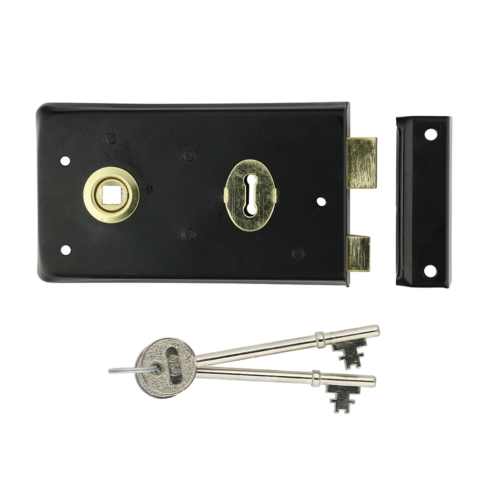 This is an image of Timco - Narrow Rim Sashlock Reverse Bolt - Epoxy Black 140 x 76 (1 Each Bag) RSLRB