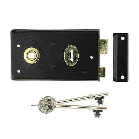 This is an image of Timco - Narrow Rim Sashlock Reverse Bolt - Epoxy Black 140 x 76 (1 Each Bag) RSLRB
