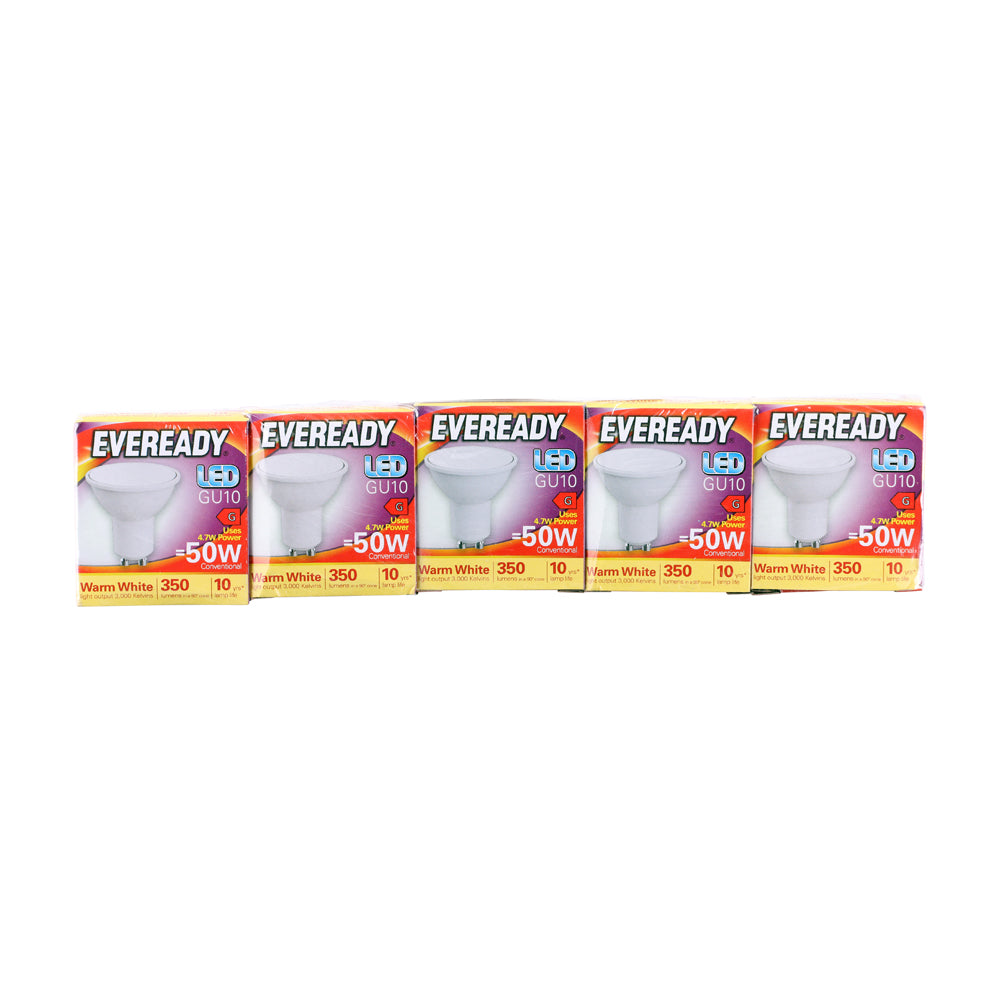 This is an image of Timco - Eveready LED Spot Light Bulb - GU10 - 320 Lumen - 4.7W - Warm Light 320 Lumen (5 Pieces Pack) S13600