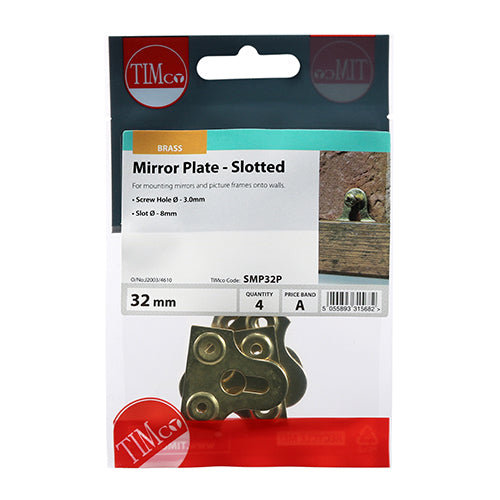 This is an image of Timco - Mirror Plates - Slotted - Electro Brass 32mm (4 Pieces TIMpac) SMP32P