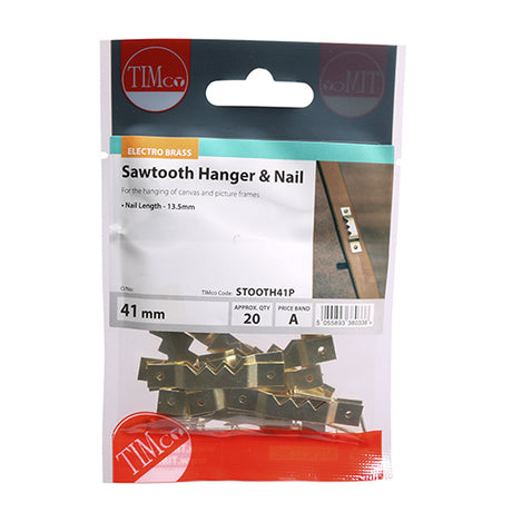 This is an image of Timco - Sawtooth Hangers and Nails - Electro Brass 41mm - (20 PCS TIMpac) STOOTH41P