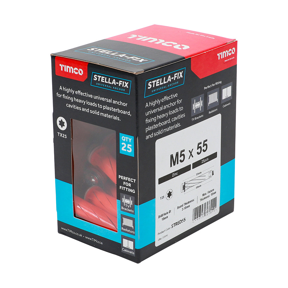 This is an image of Timco - Stella Fix Universal Anchors - TX - Pan - Red M5 x 55mm - (25 PCS Box) STRED55