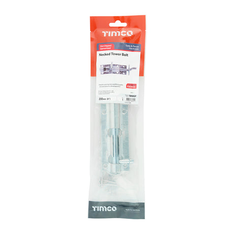 This is an image of Timco - Necked Tower Bolt - Hot Dipped Galvanised 8" (1 Each TIMpac) TBN8GP