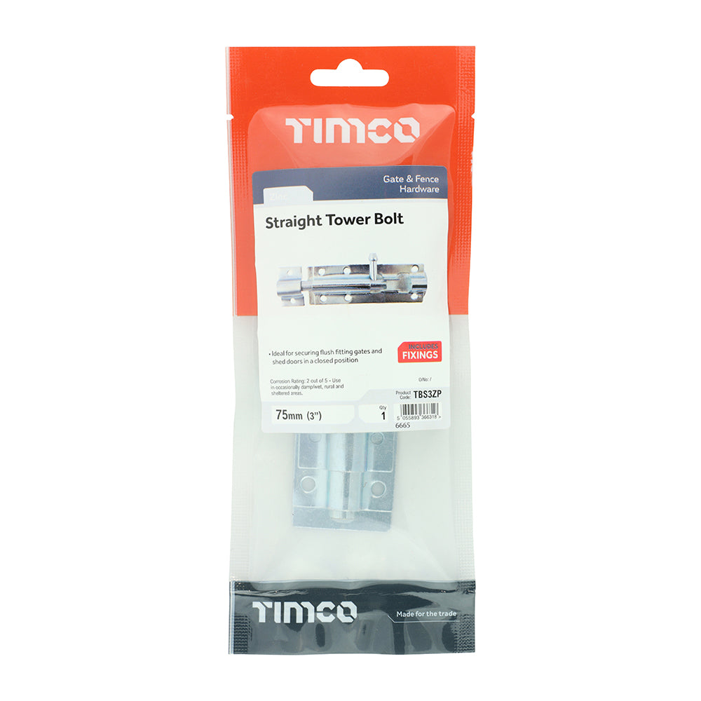 This is an image of Timco - Straight Tower Bolt - Zinc 3" (1 Each TIMpac) TBS3ZP