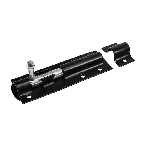 This is an image of Timco - Straight Tower Bolt - Black 4" (1 Each Plain Bag) TBS4BB