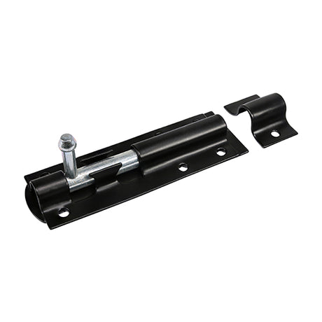 This is an image of Timco - Straight Tower Bolt - Black 4" (1 Each Plain Bag) TBS4BB