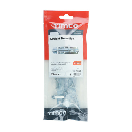 This is an image of Timco - Straight Tower Bolt - Zinc 6" (1 Each TIMpac) TBS6ZP