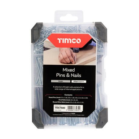 This is an image of Timco - Mixed Tray - Pins & Nails - Bright - (495 PCS Tray) TRAY680