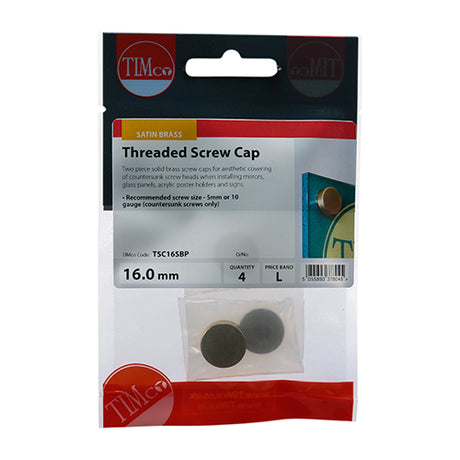 This is an image of Timco - Threaded Screw Caps - Solid Brass - Satin 16mm - (4 PCS TIMpac) TSC16SBP