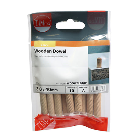 This is an image of Timco - Wooden Dowels 8.0 x 40 (10 Pieces TIMpac) WDOWEL840P