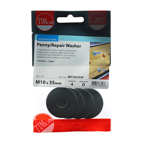 This is an image of Timco - Penny / Repair Washers - Stainless Steel M10 x 35mm - (4 PCS TIMpac) WP1035SSP