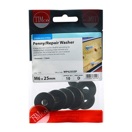 This is an image of Timco - Penny / Repair Washers - Stainless Steel M6 x 25mm - (10 PCS TIMpac) WP625SSP
